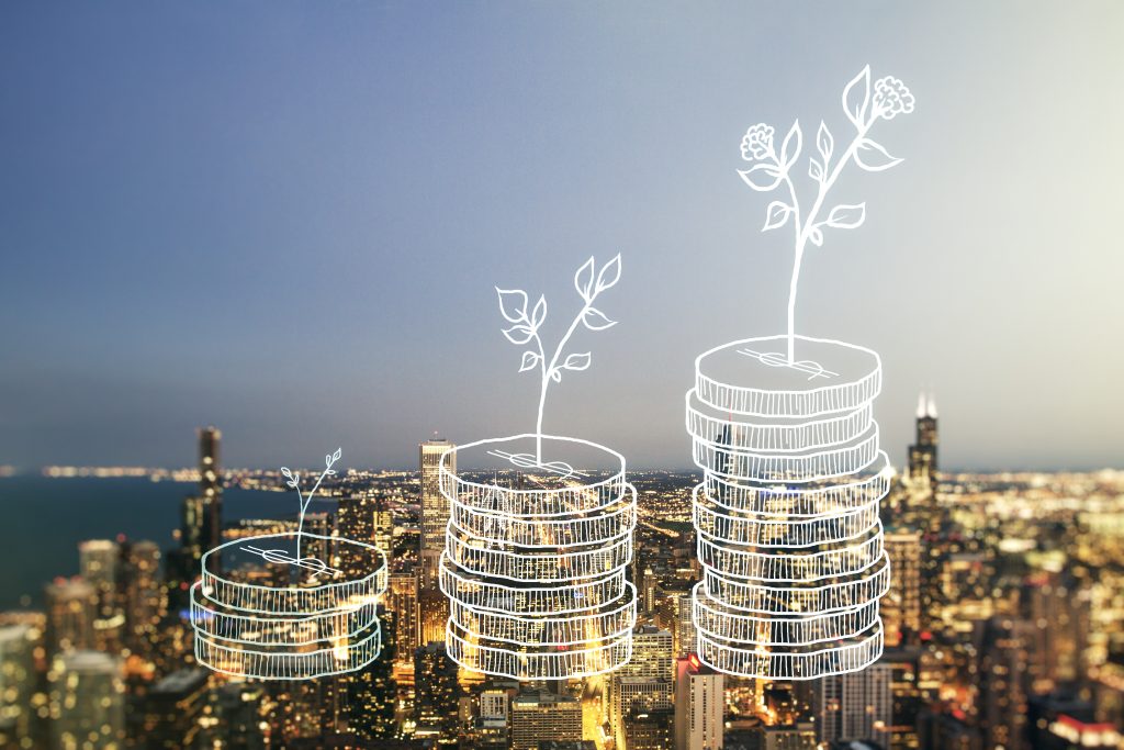 Virtual cash savings sketch on Chicago cityscape background, success and solution concept. Multi exposure